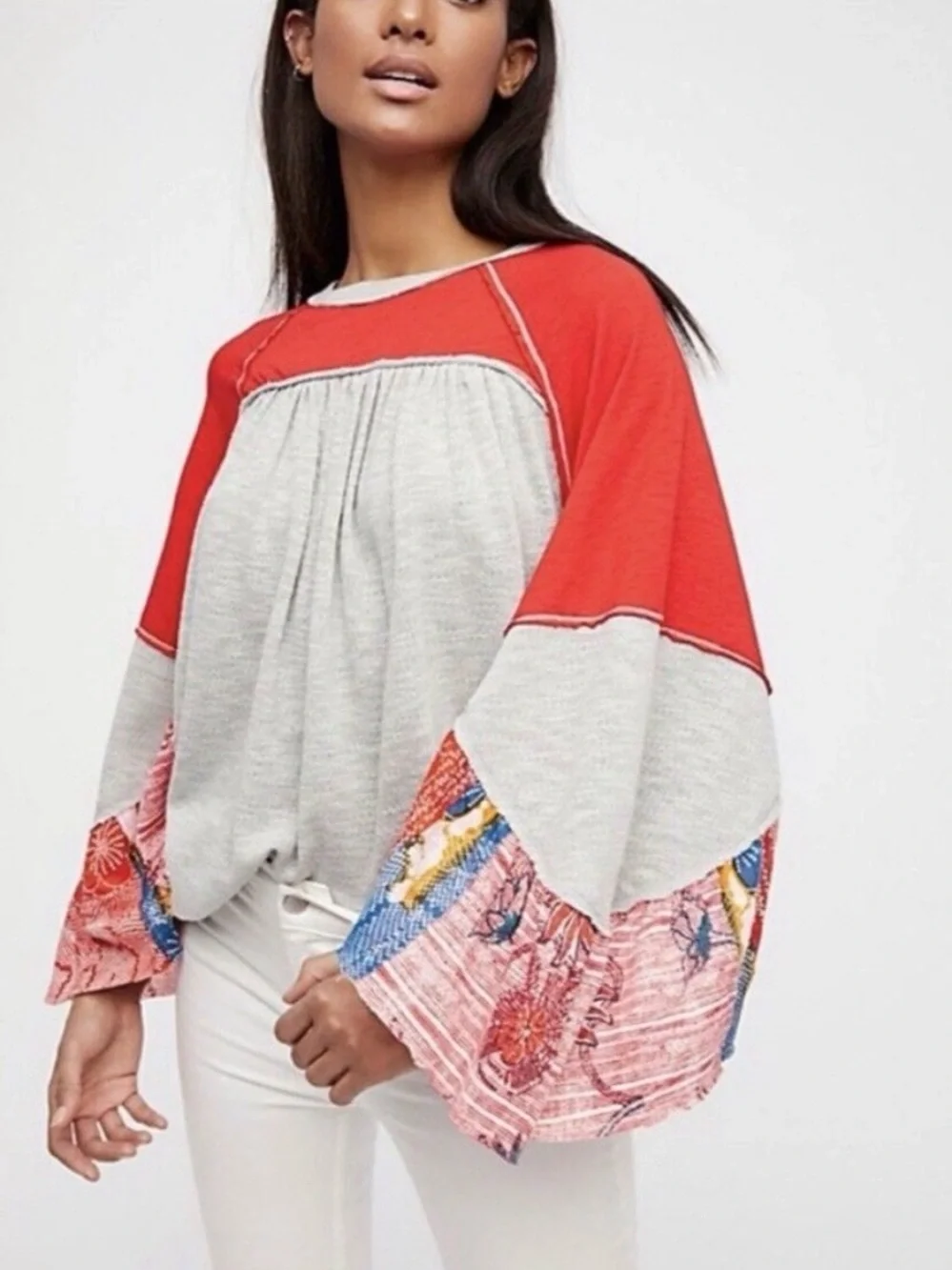 Free People We The Free Red and Gray Ribbed Knit Top Boho Shirt